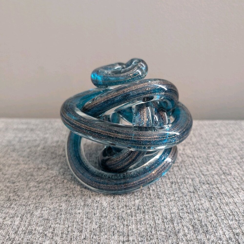 Art Glass Murano-Style Twisted/Infinity Knot Sculpture, Blue/Teal & Silver - Picture 1 of 4